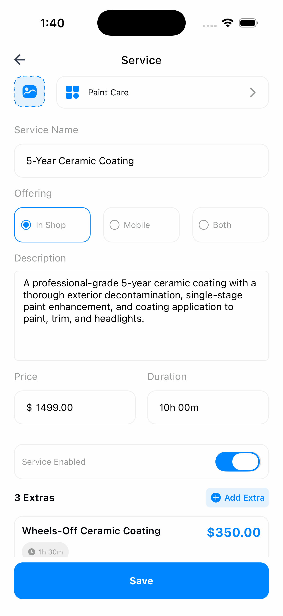 Refine service configuration with category, description, price, duration, and optional extras