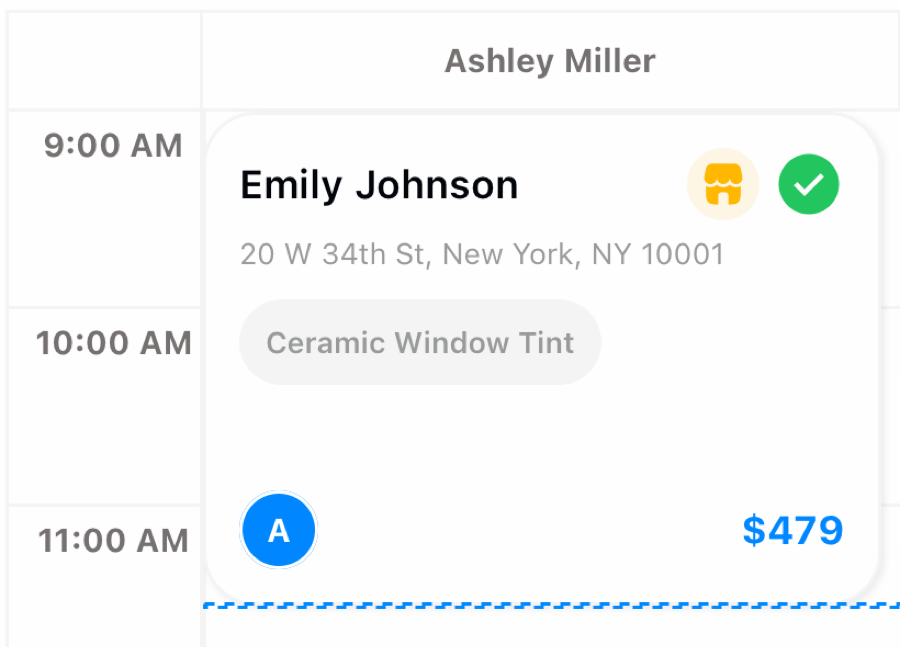 Refine calendar slot for Emily Johnson’s ceramic window tint appointment assigned to Ashley Miller