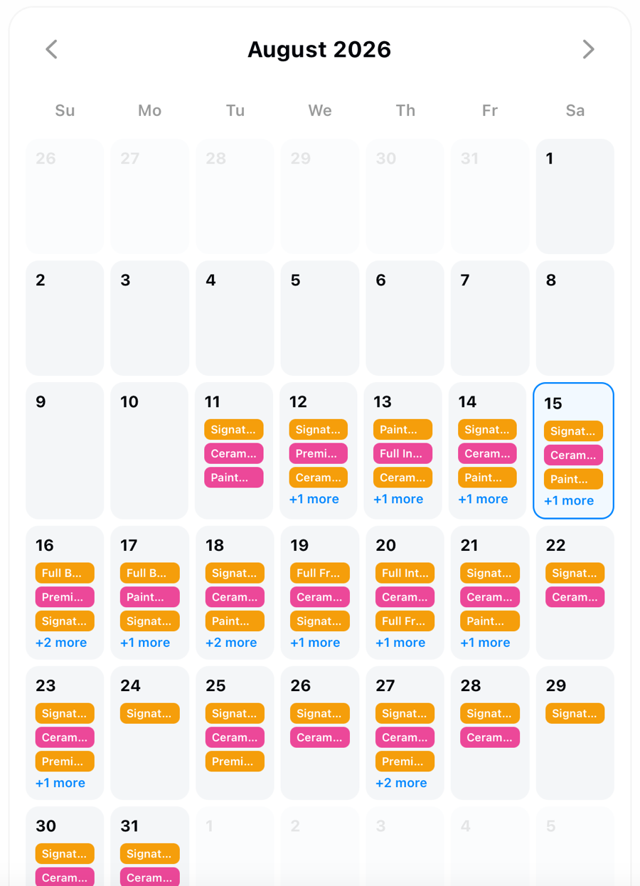 Refine August monthly calendar showing scheduled detailing jobs across the full month