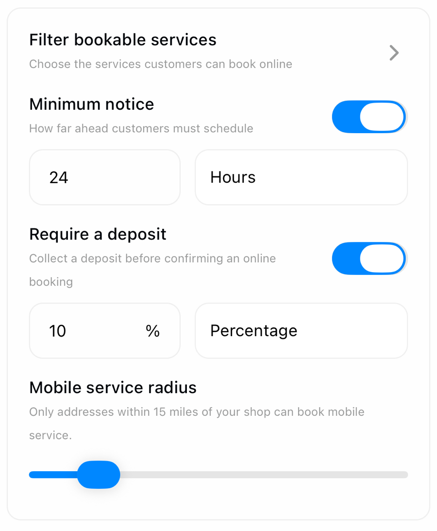 Refine online booking configuration for services, notice, deposits, and mobile radius