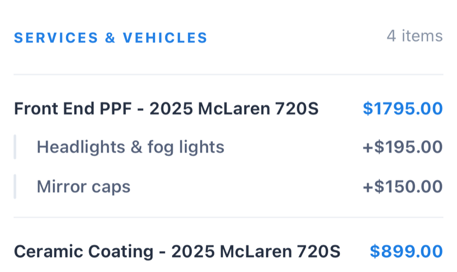 Customer portal invoice showing Front End PPF options and ceramic coating for a 2025 McLaren 720S