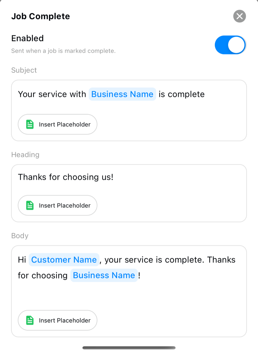 Refine Job Complete reminder editor with customizable subject, heading, body, and customer placeholders